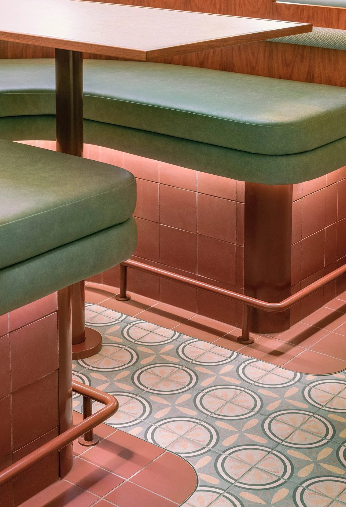 Patterned tile flooring with bold geometric detailing