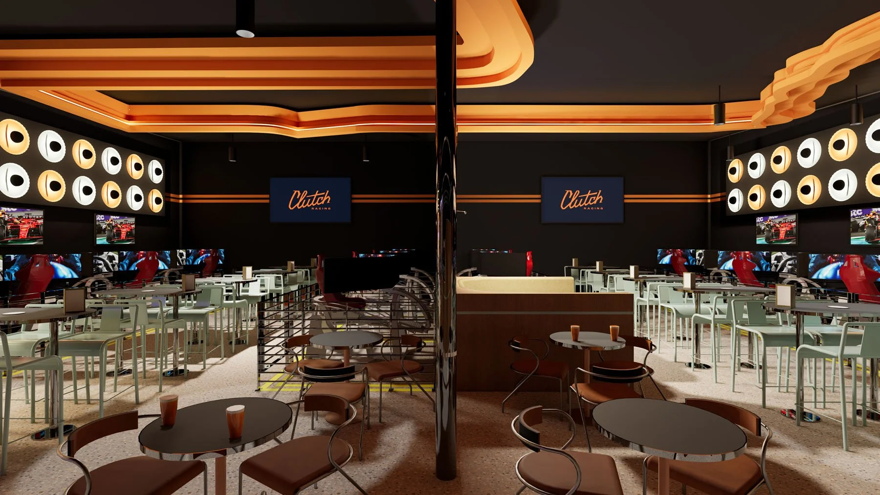 Social dining and entertainment space at Clutch Racing Gold Coast with racing simulators, feature lighting and hospitality-led interior design.