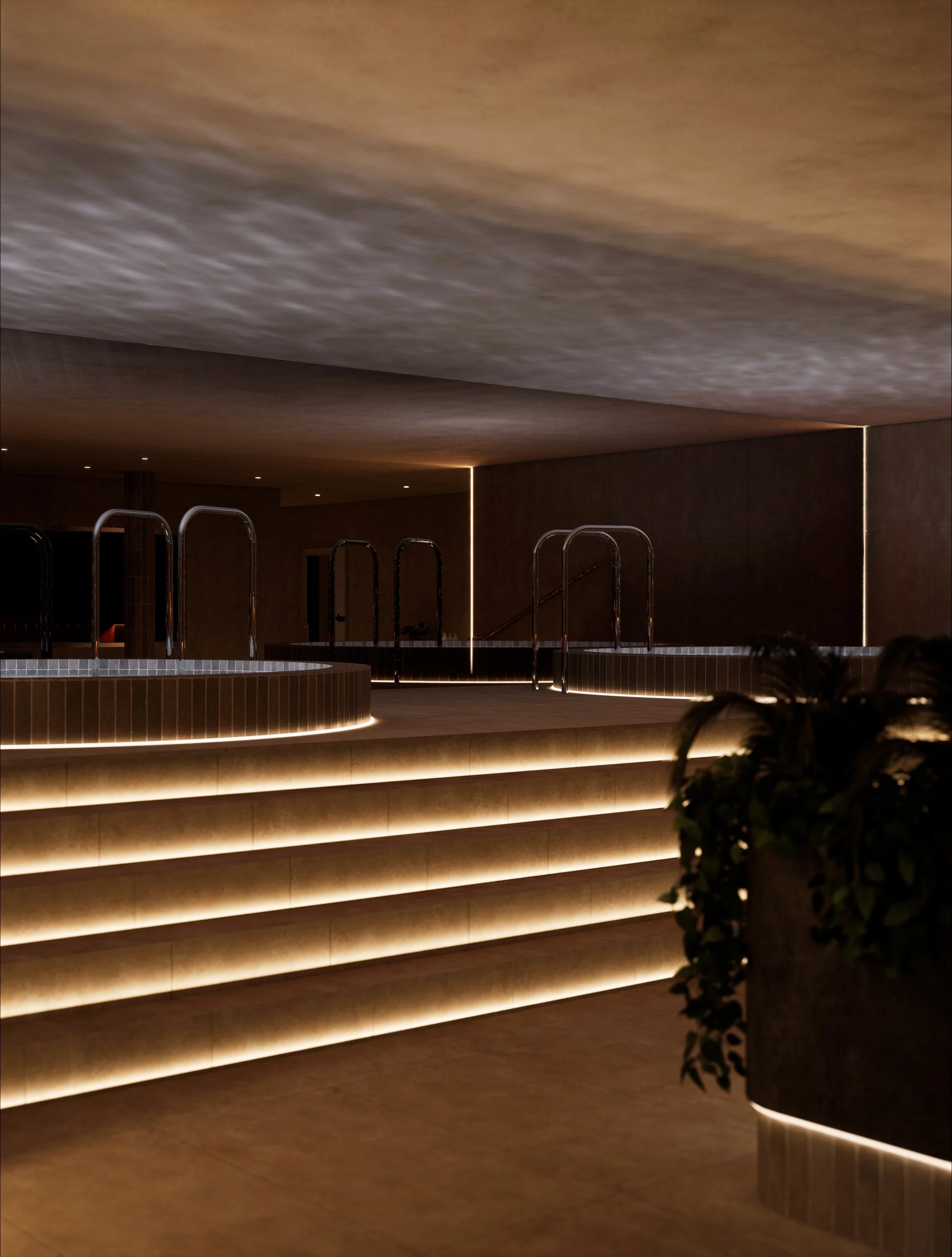 Wellness and recovery area at Level Eleven Adelaide featuring tiered seating, warm lighting and tactile natural finishes.