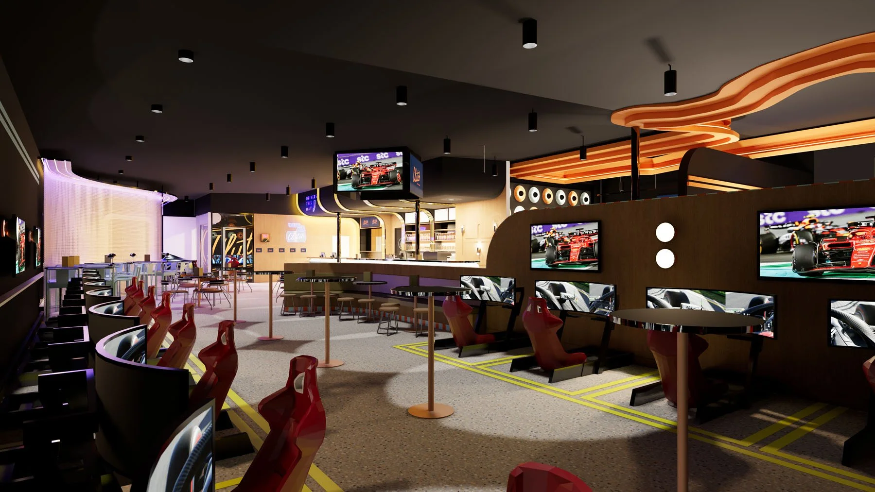 Immersive sim racing venue at Clutch Racing combining premium racing simulators, spectator areas and high-energy entertainment design.
