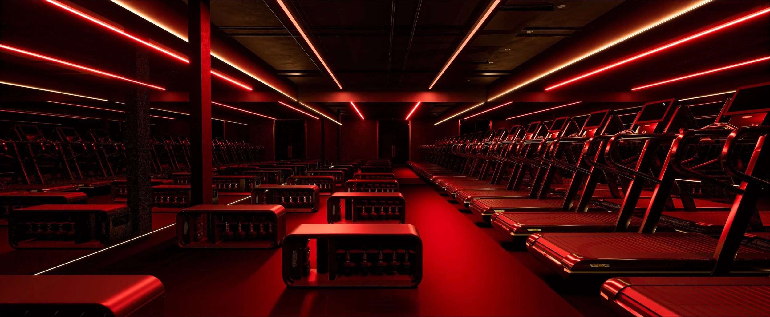 Immersive run room at Level Eleven Adelaide featuring red atmospheric lighting and high-energy fitness interior design.