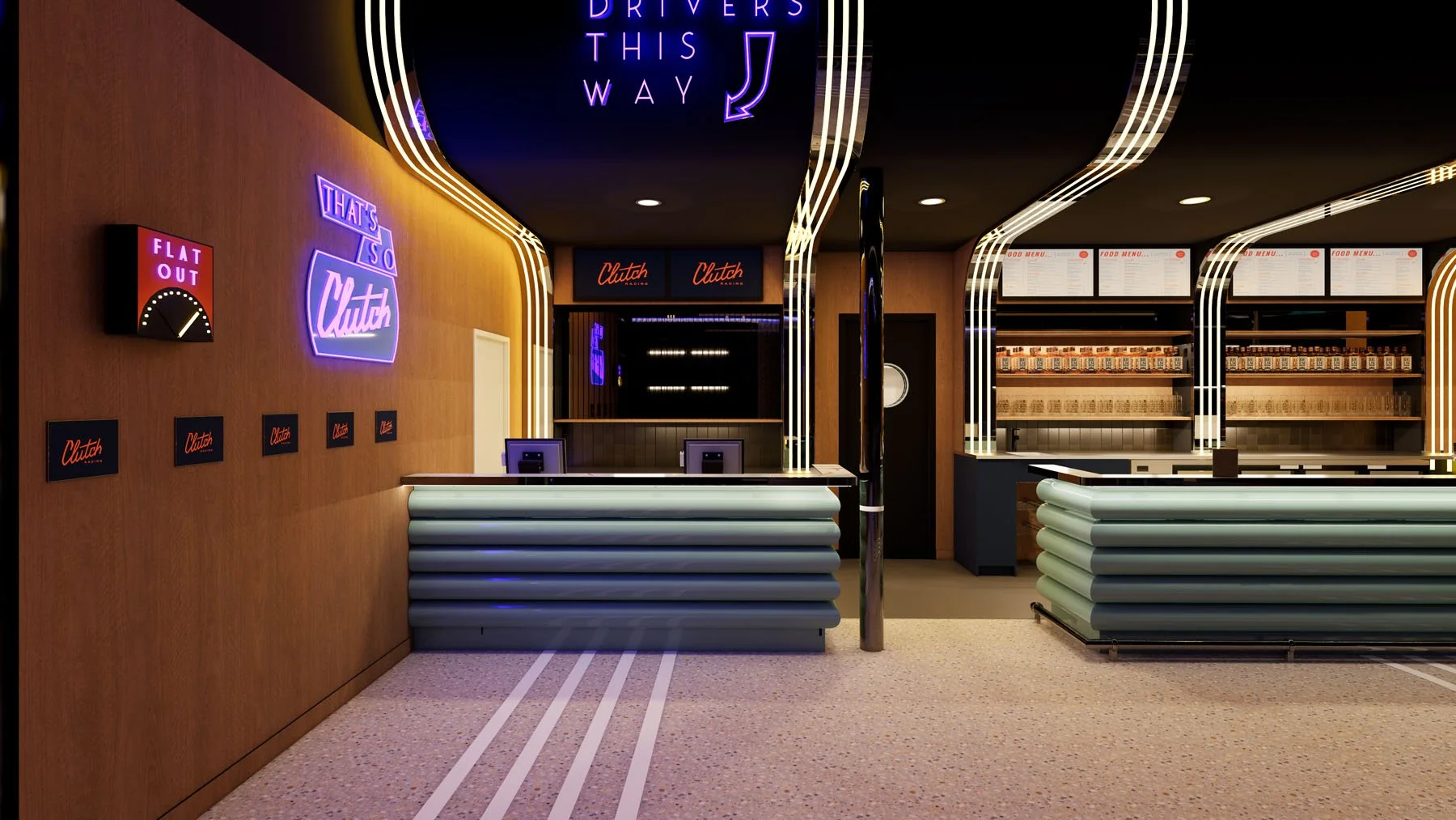 Reception at Clutch Racing Gold Coast featuring custom illuminated counters, timber finishes and racing-inspired interior detailing.