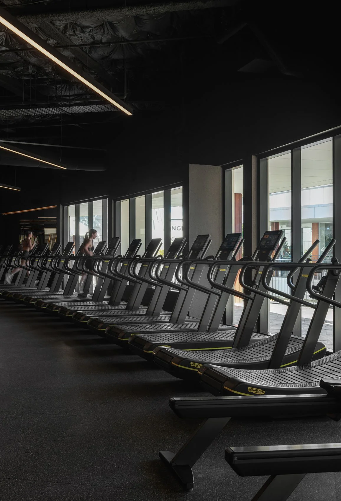 Premium gym floor with layered lighting and high-performance equipment
