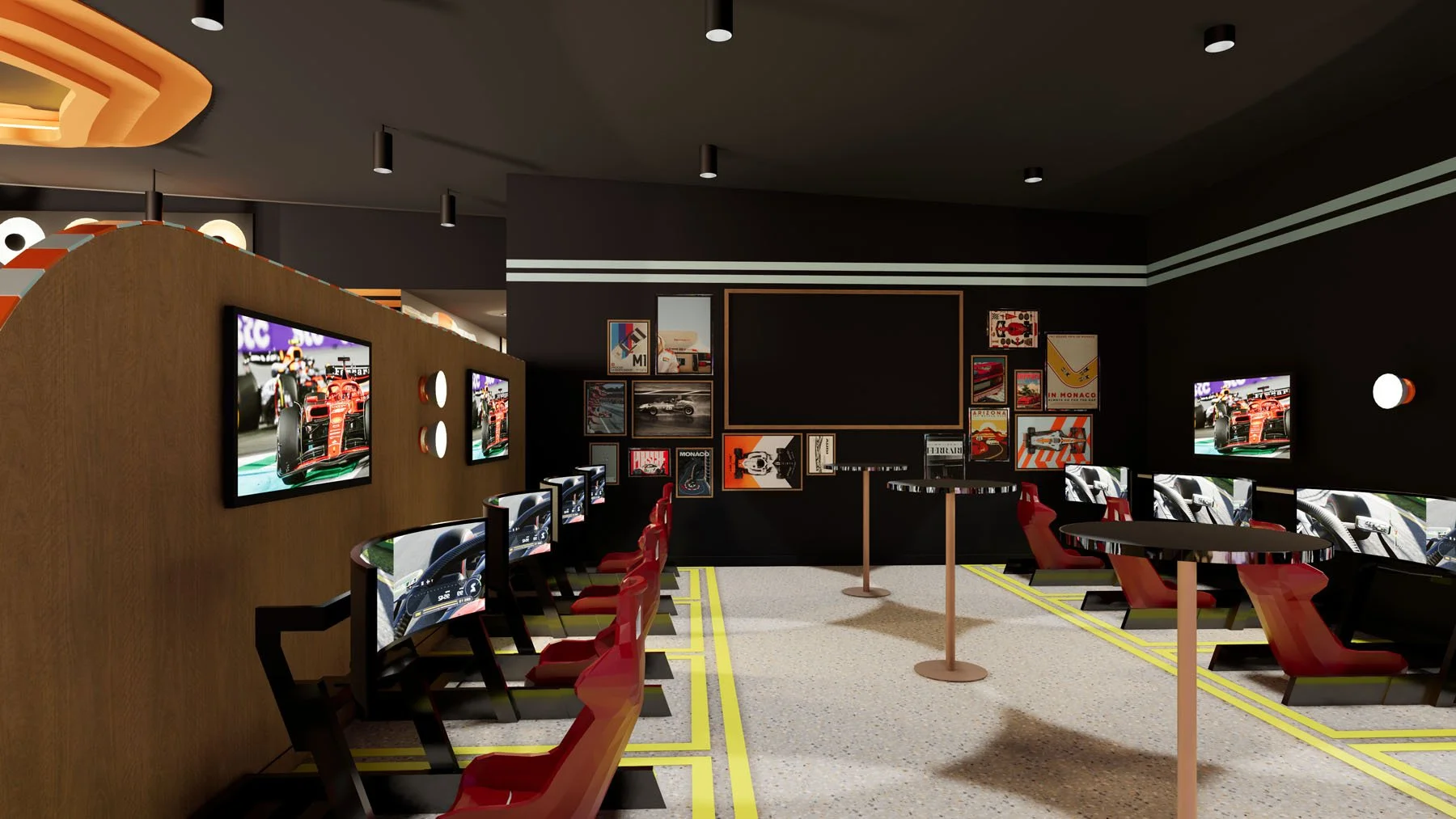 Racing simulator experience at Clutch Racing Gold Coast featuring individual driving stations, integrated screens and track-inspired detailing.