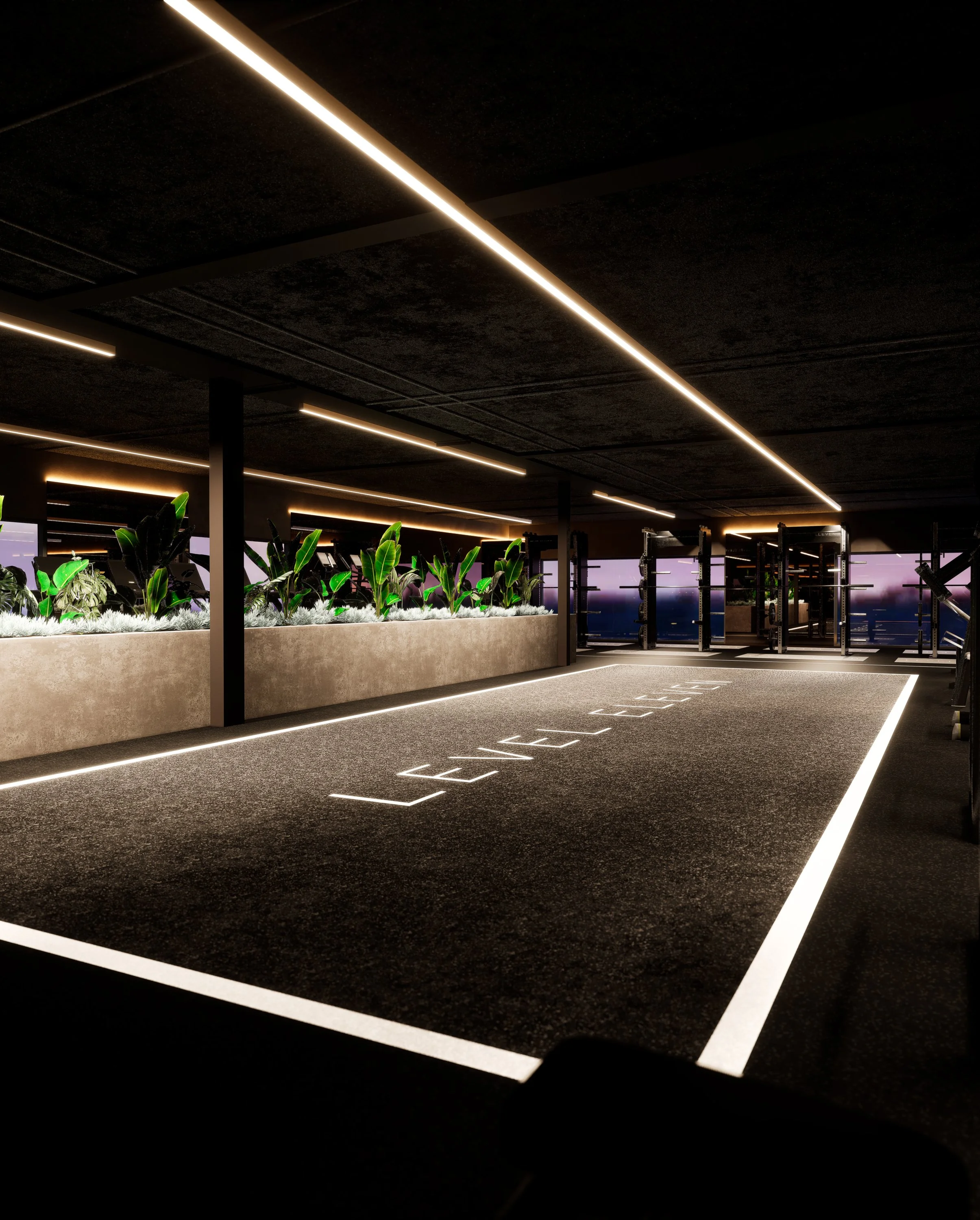 Strength training zone at Level Eleven Adelaide featuring custom equipment and refined dark-toned gym interiors.