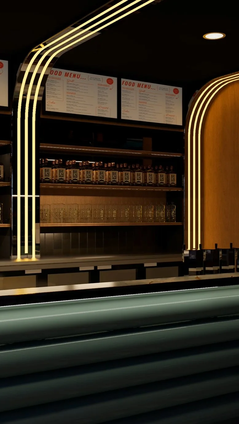 Bar and dining area at Clutch Racing, combining warm hospitality interiors with a high-energy motorsport entertainment experience.