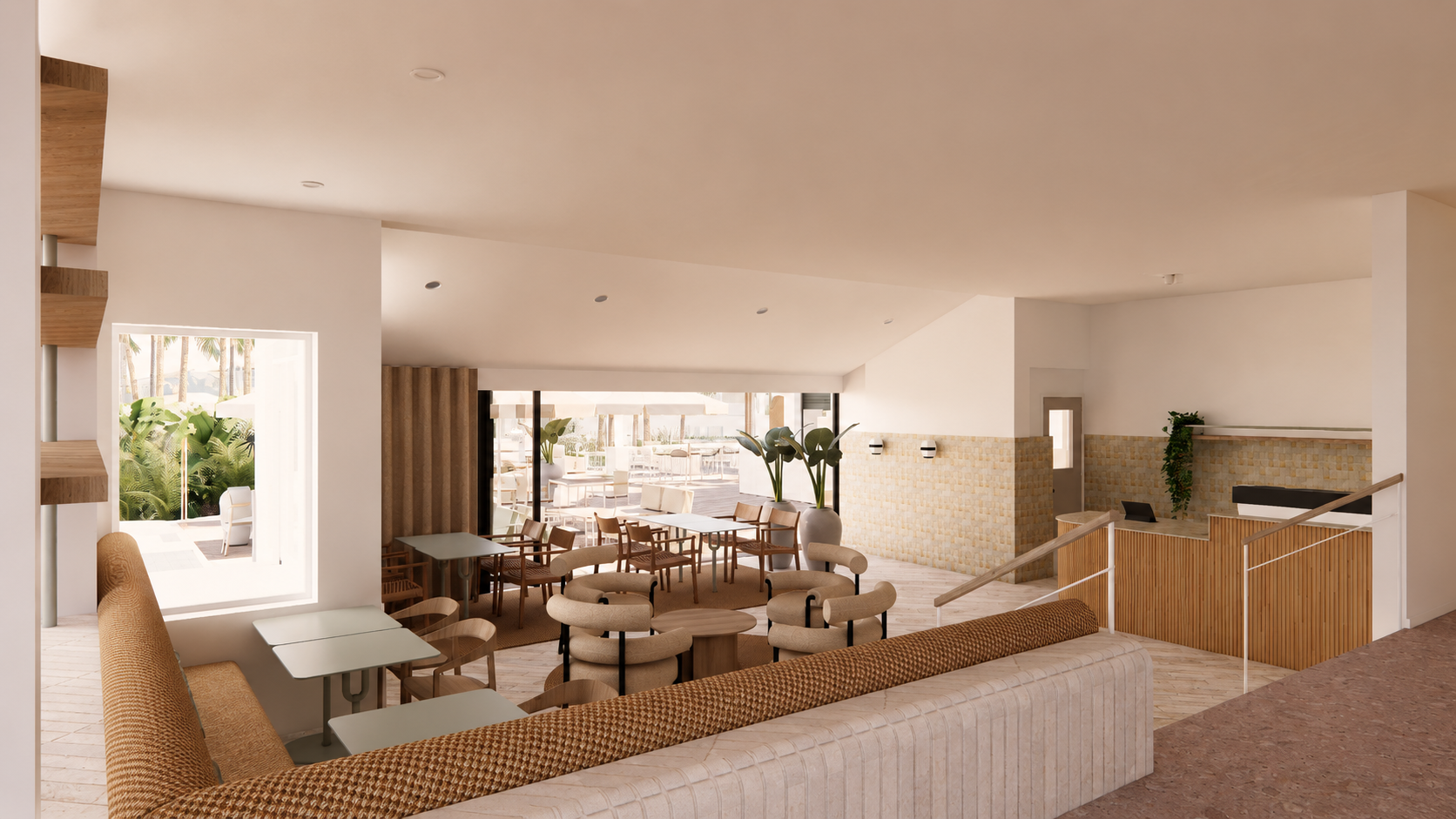 Relaxed hotel lounge interior overlooking the pool at The Leea Darwin