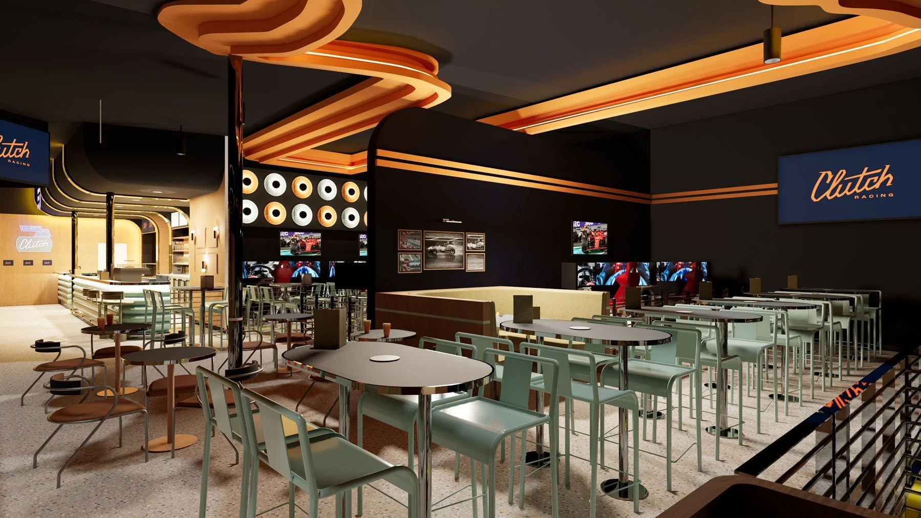 Clutch Racing social bar and dining space featuring communal seating, racing simulators and immersive entertainment design.