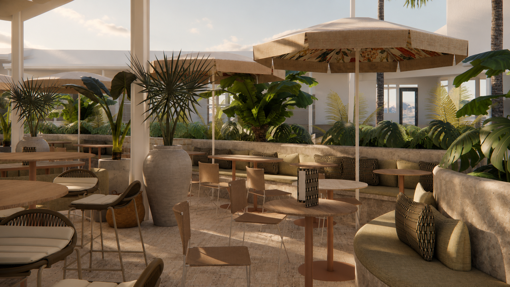 Outdoor lounge and dining area at The Leea hotel in Darwin