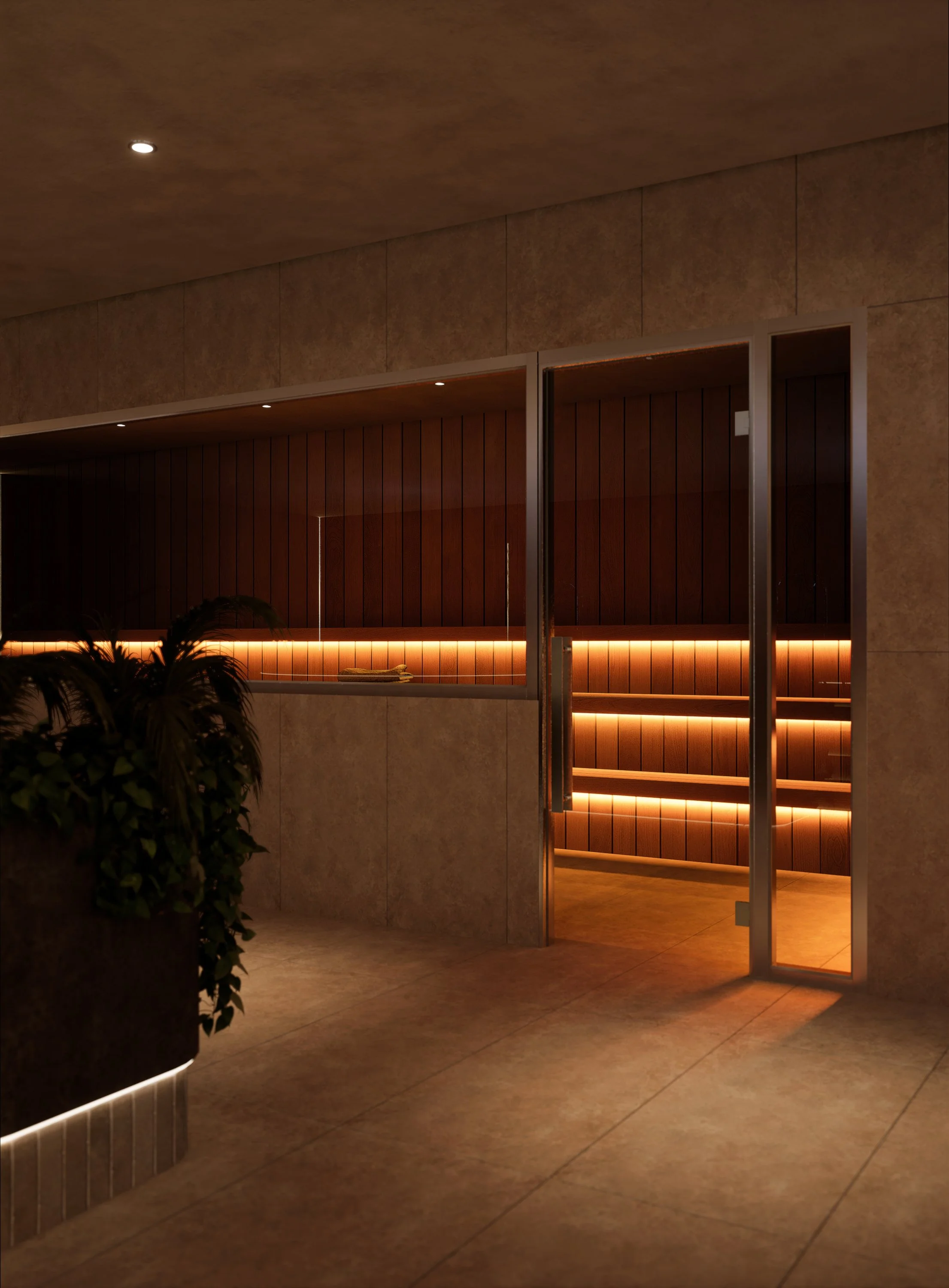 Contemporary sauna and recovery space at Level Eleven featuring warm timber finishes and ambient lighting.