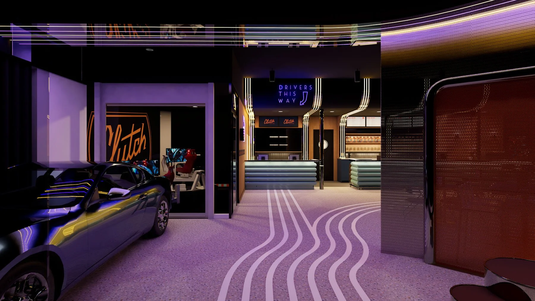 Clutch Racing Gold Coast entry featuring immersive lighting, racing-inspired graphics and contemporary entertainment venue interior design.