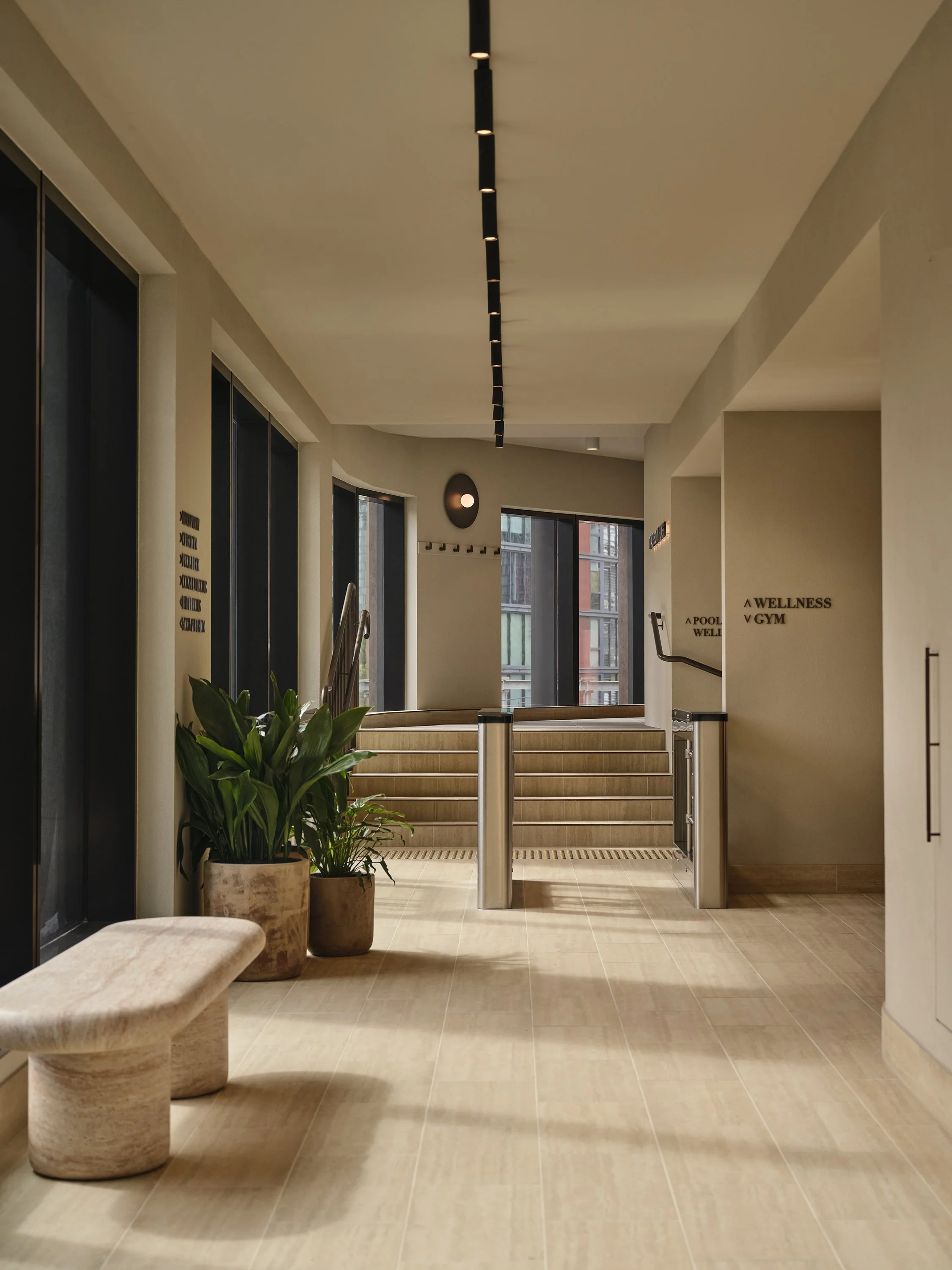 Luxury wellness centre with travertine stone floors, natural lighting and city views in Melbourne 