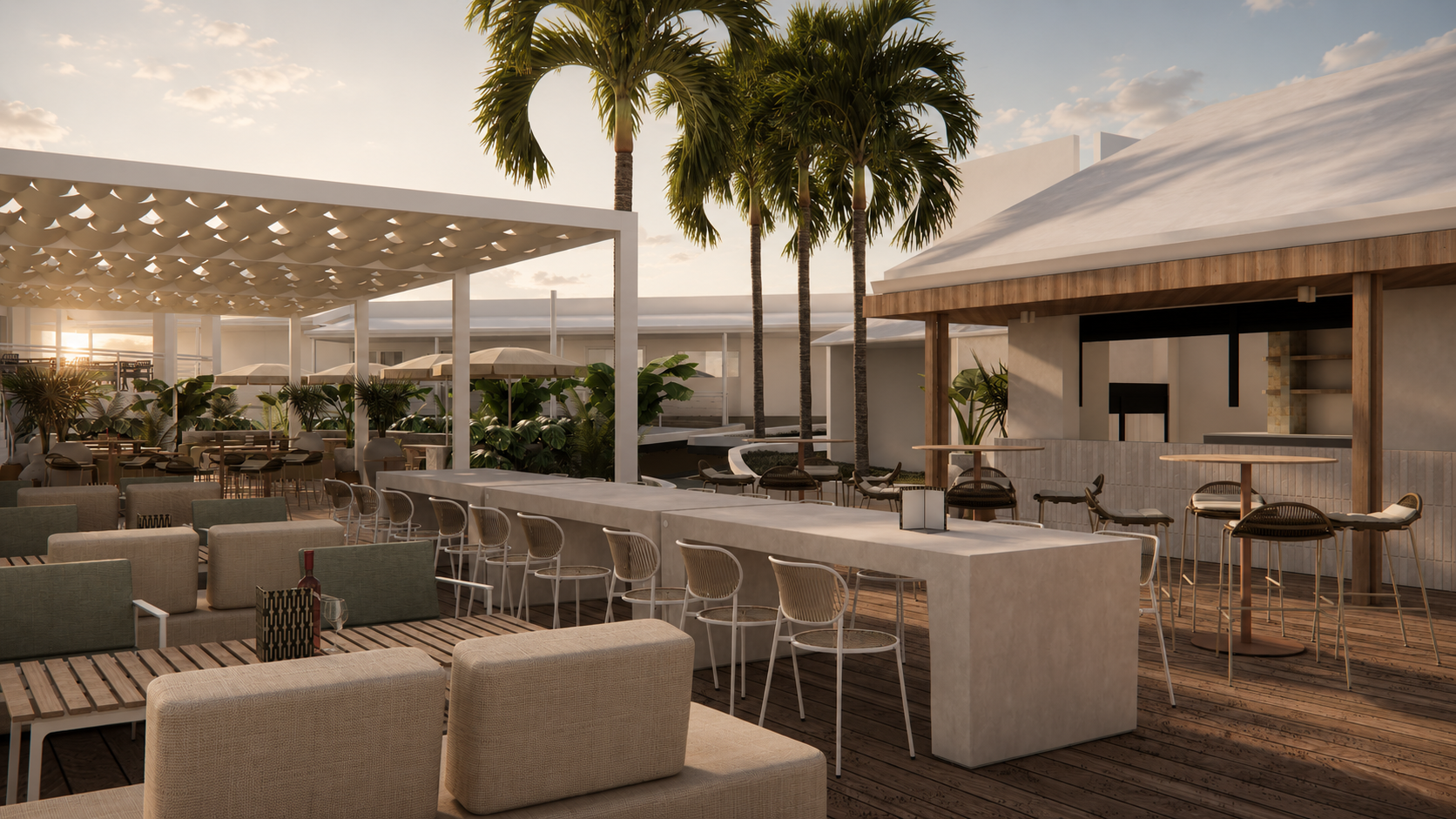 Poolside sun lounges and tropical resort setting at The Leea hotel