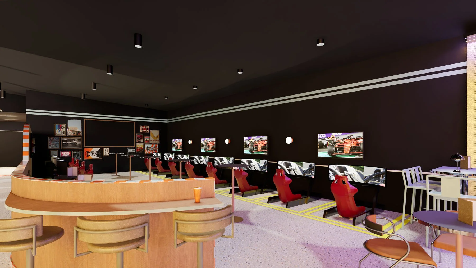 Premium sim racing zone at Clutch Racing featuring Sabelt racing simulators within an immersive motorsport entertainment interior.