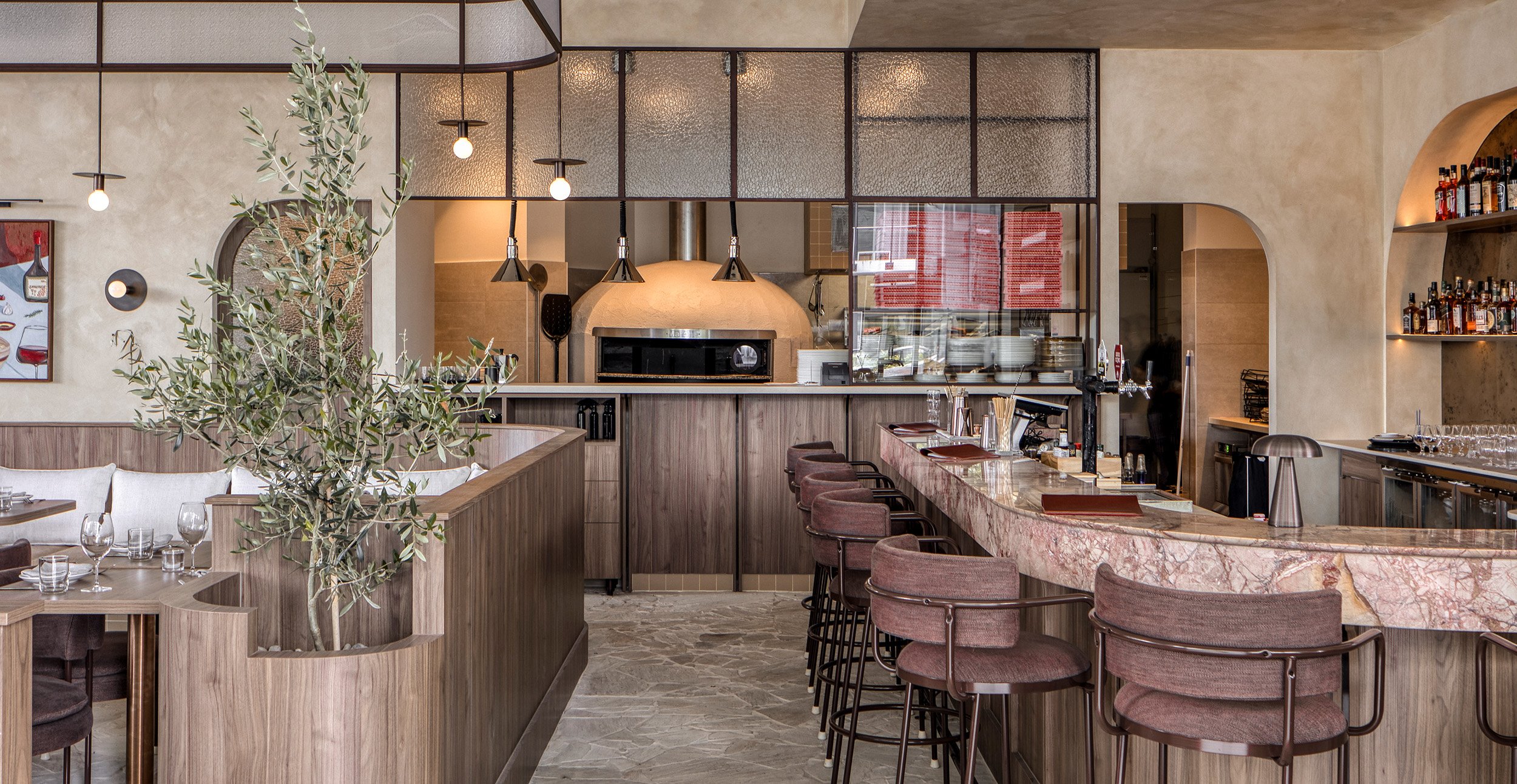 Italian restaurant interior inspired by 1970s trattorias in Woolloongabba, Brisbane.
