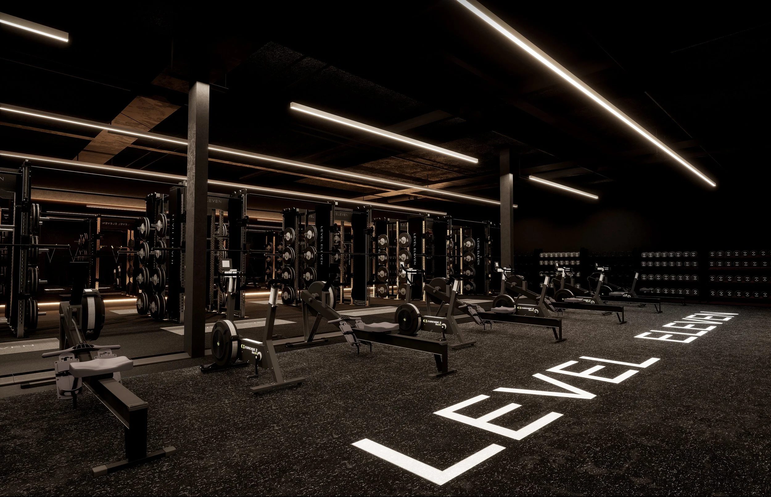 Level Eleven Adelaide gym floor featuring premium training equipment, atmospheric lighting and experience-led fitness design.