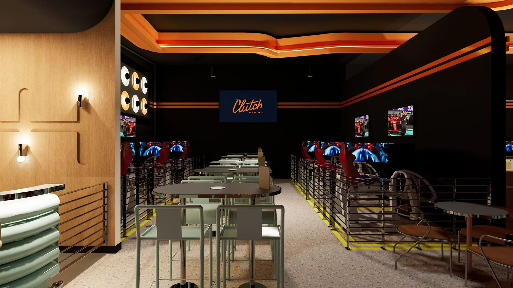 Racing simulator and bar experience at Clutch Racing, blending motorsport entertainment with contemporary hospitality design.
