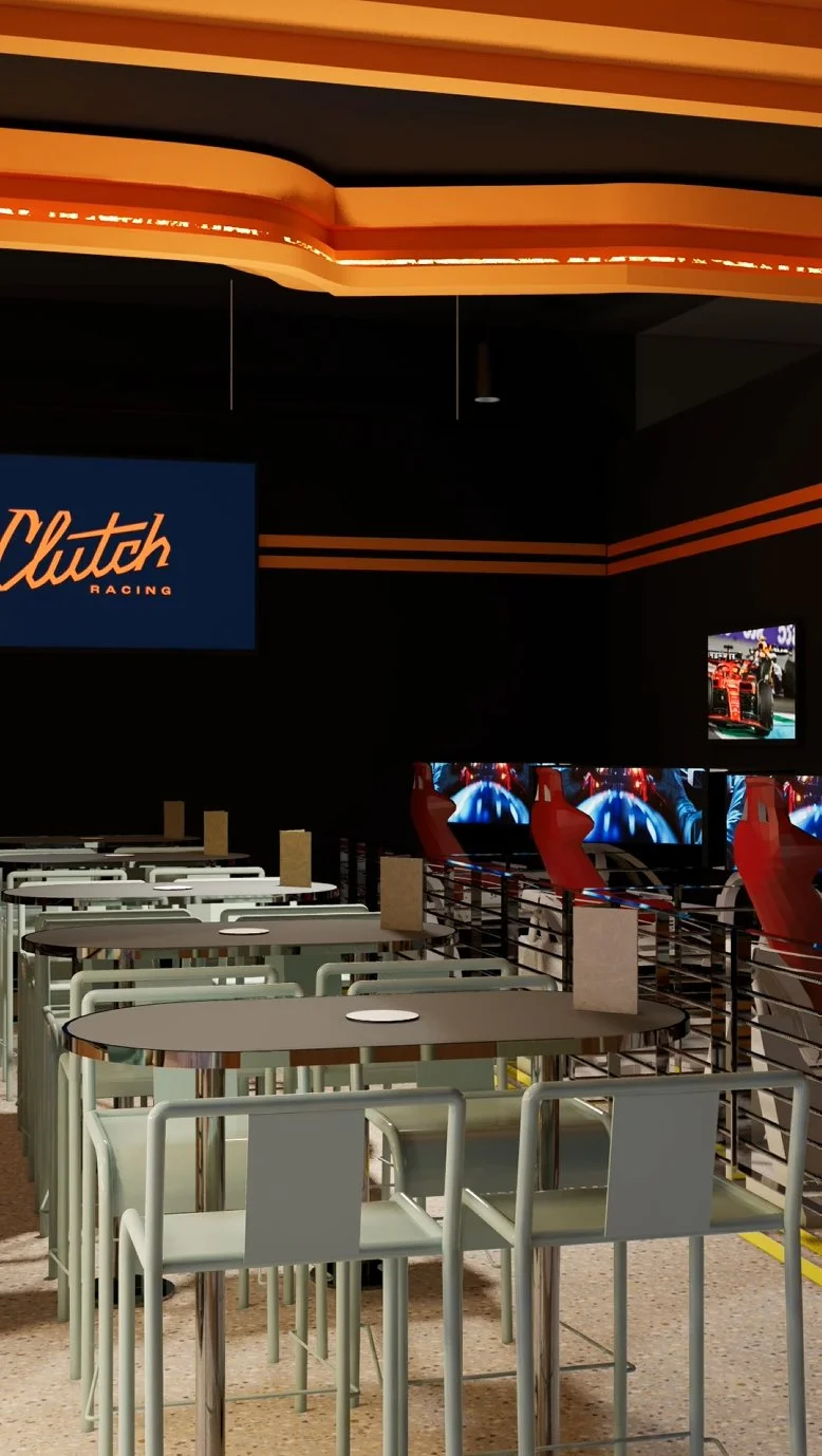 Premium racing simulator zone at Clutch Racing Gold Coast with integrated screens, branded lighting and immersive motorsport design.