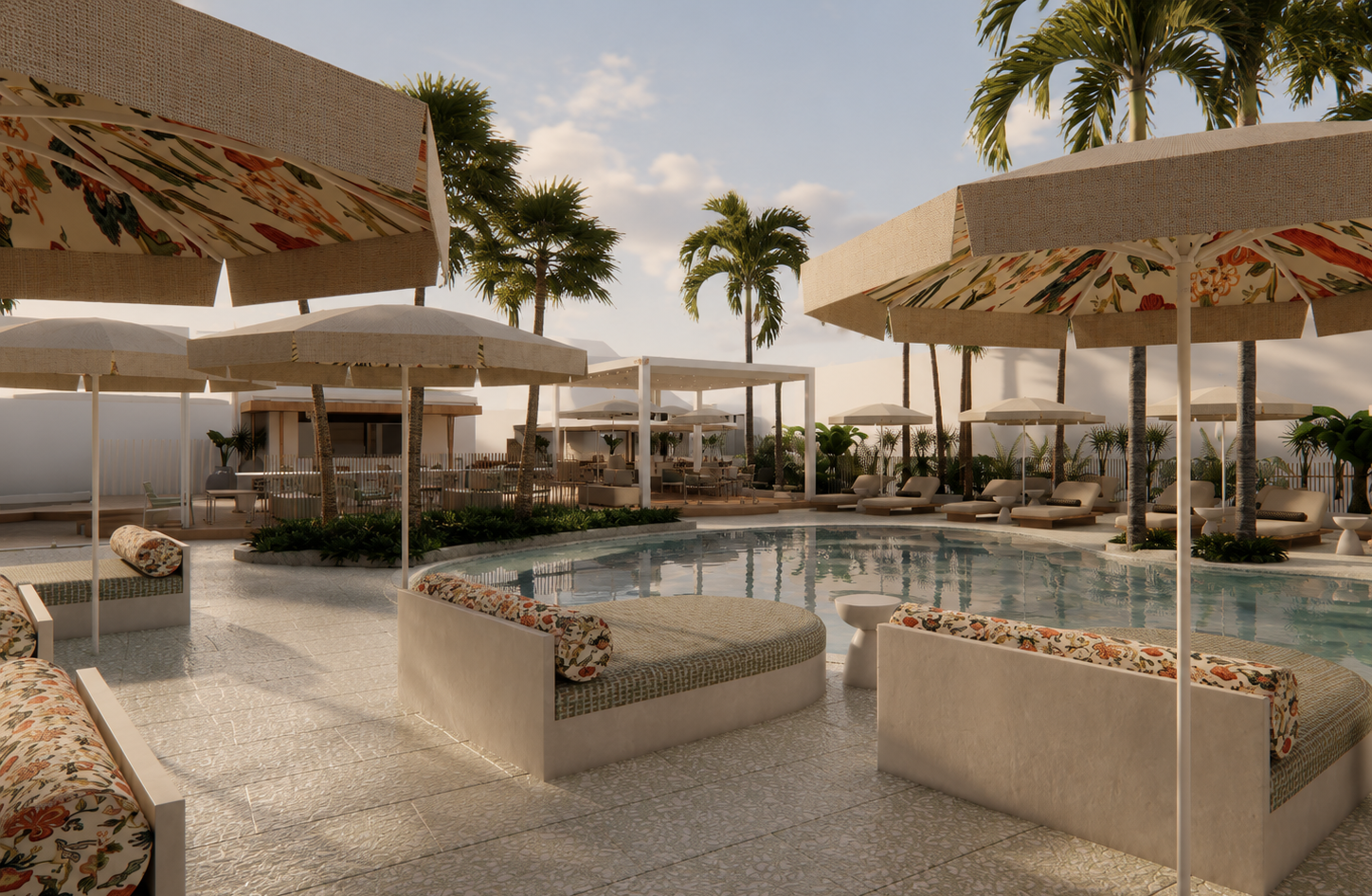 Poolside sun lounges and tropical resort setting at The Leea hotel
