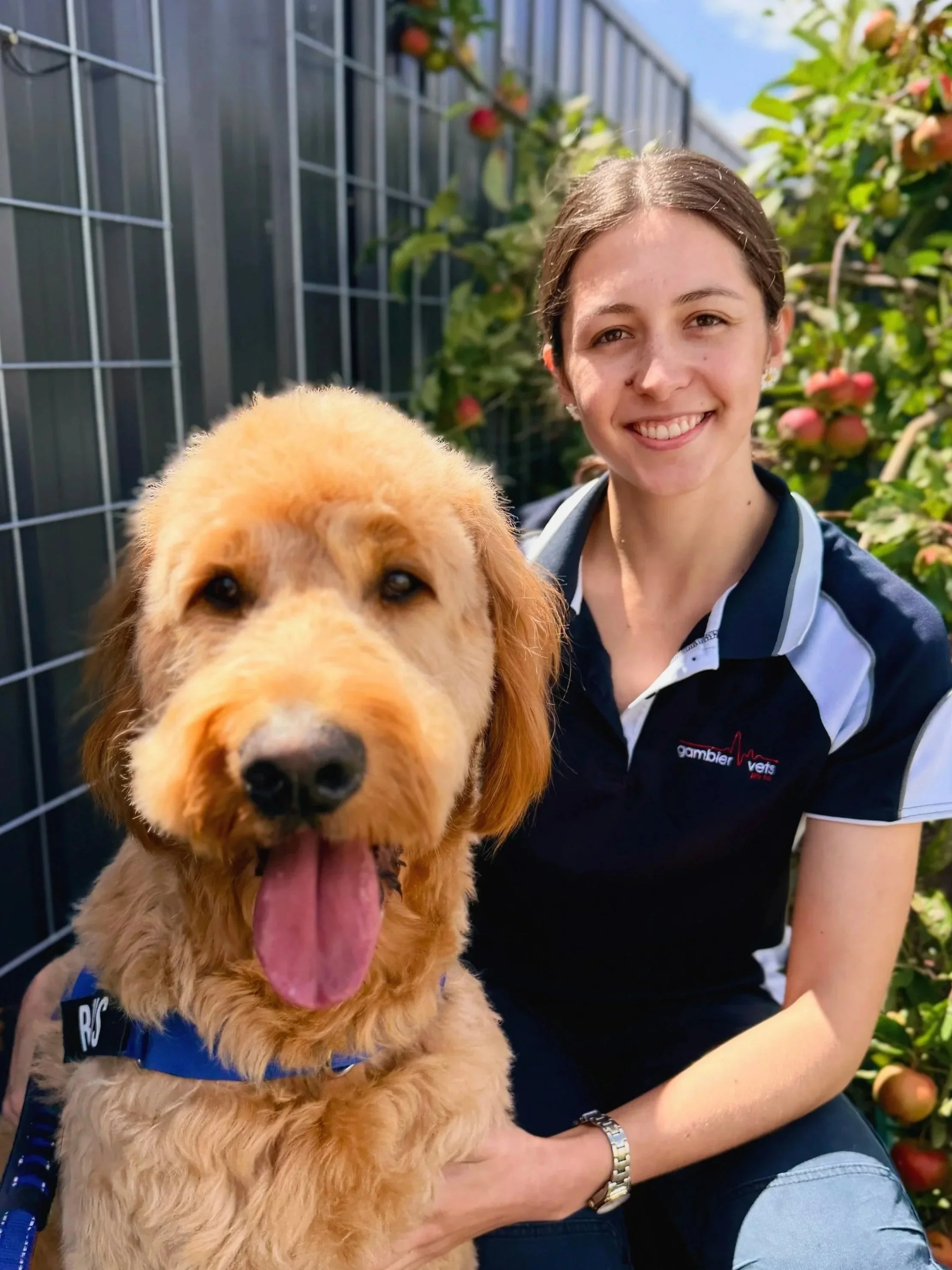 A young woman sitting outdoors against a red wall with medical symbols, wearing scrubs and a stethoscope, smiling at the camera.