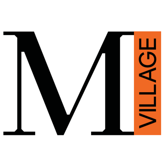 Large black letter 'M' with an orange vertical rectangle on the right side containing the word 'VILLAGE' in black text.