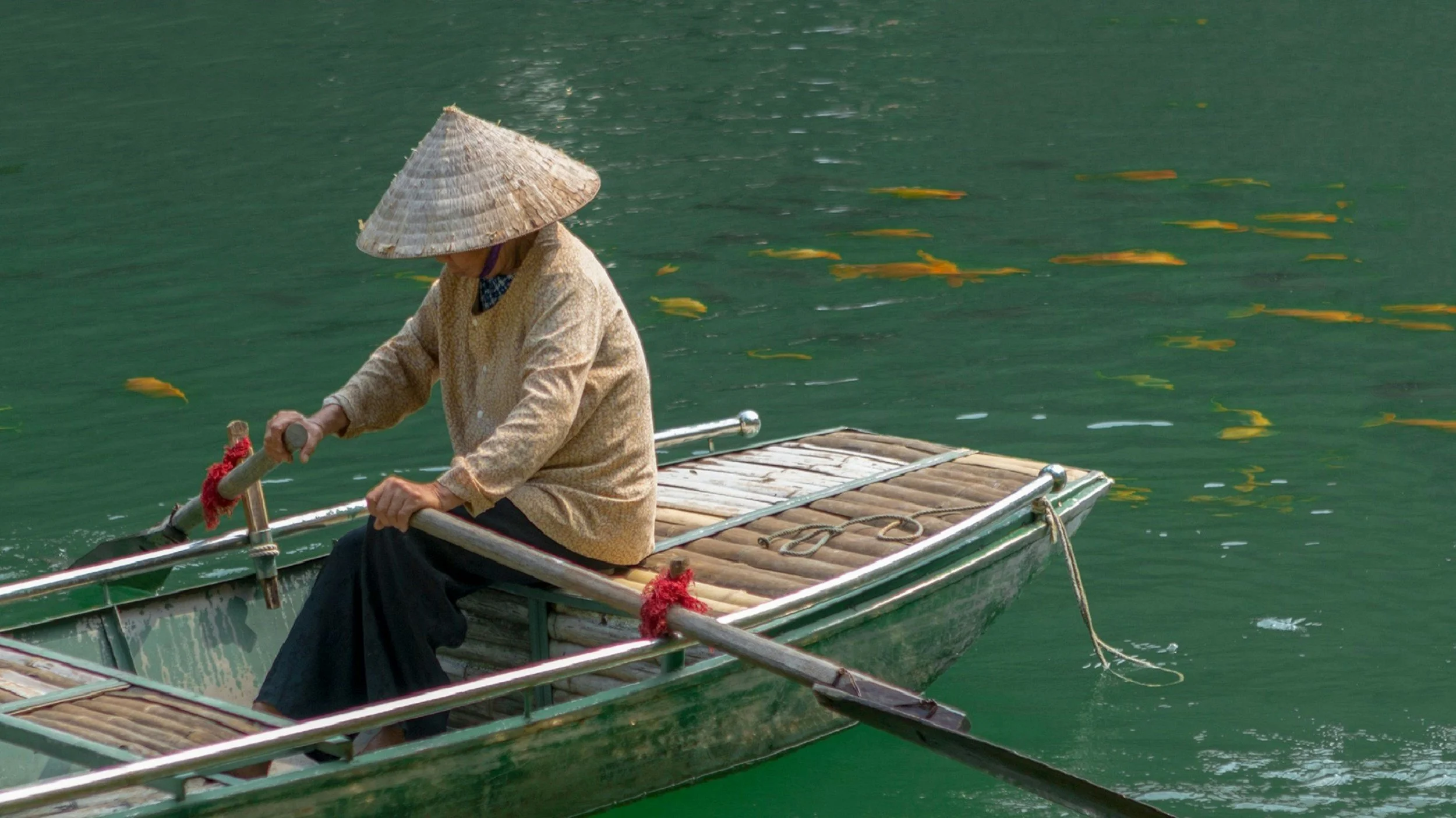 A person wearing a traditional Asian conical hat and beige clothing paddles a small bamboo boat on green water.