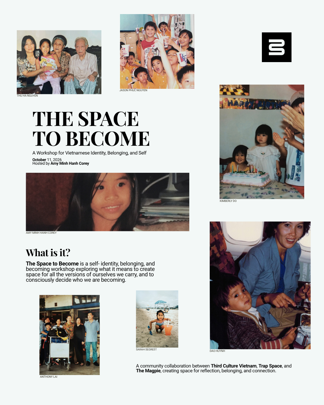 Promotional poster for the workshop 'The Space to Become,' featuring three photographs of Vietnamese people, a title, and description text.
