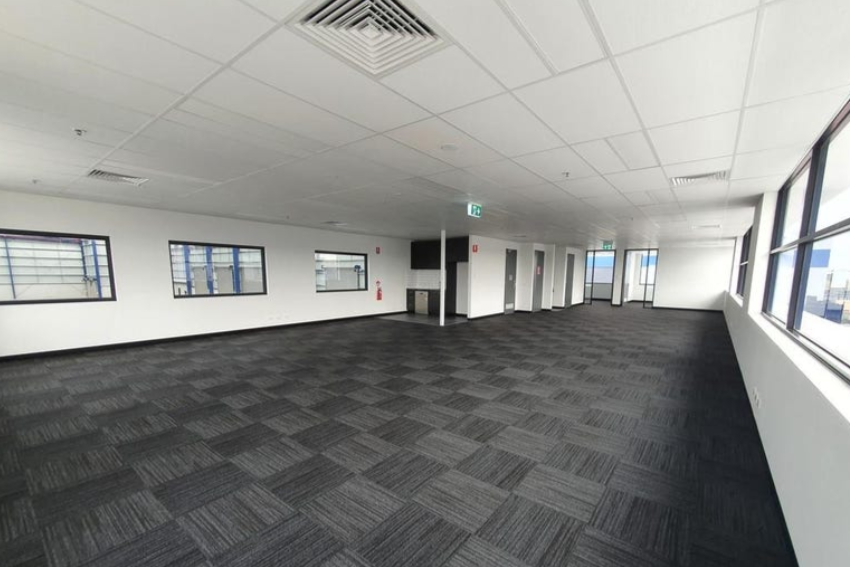 Empty office or commercial space with large windows, gray carpet, white walls, and ceiling tiles.