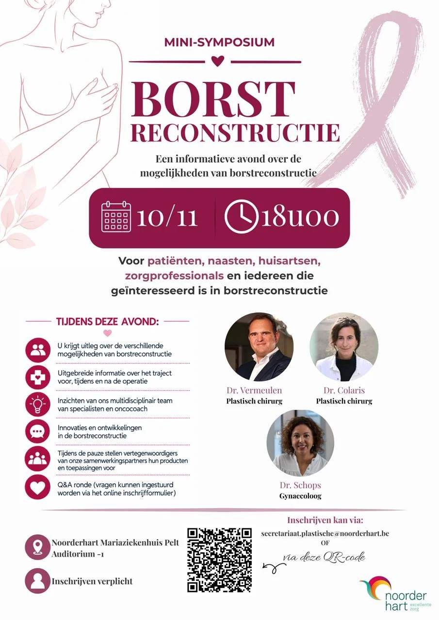 Informatieavond borstreconstructie: 10 november om 18.00 uur in Noorderhart Mariaziekenhuis Pelt, auditorium -1. Voor patiënten, naasten en zorgverleners. Vooraf inschrijven via secretariaat.plastische@noorderhart.be.