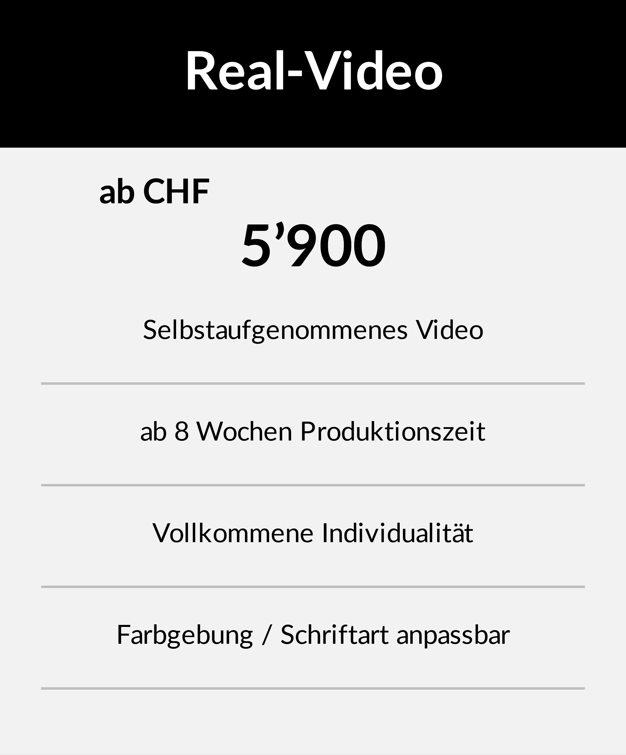 Preisübersicht Erklärvideo Real-Video, Produktion ab 8 Wochen, vollkommene Individualität.