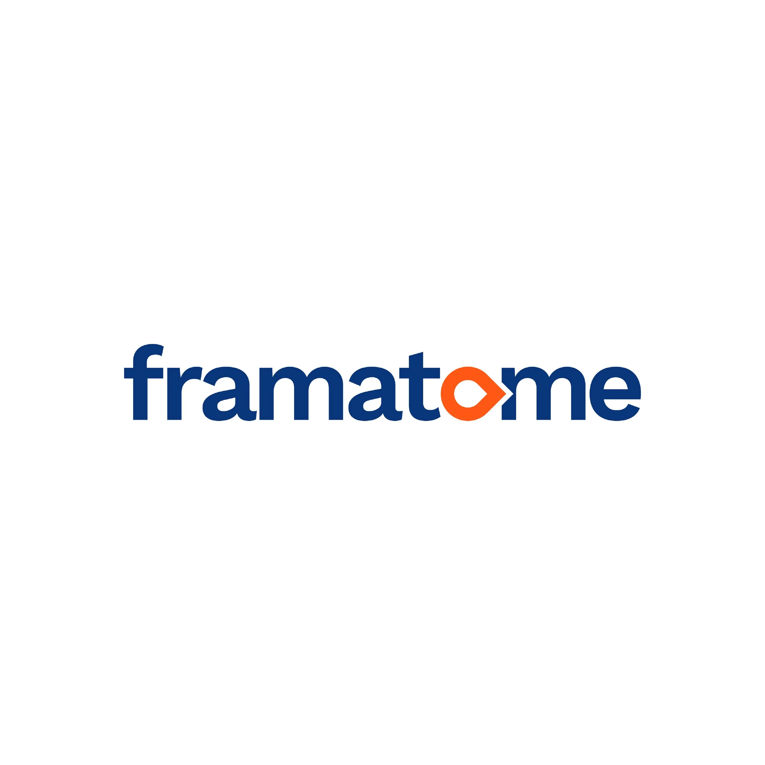 Logo de Framatome avec le nom écrit en lettres bleues et une icône orange en forme de flèche intégrée dans la lettre 'o'.