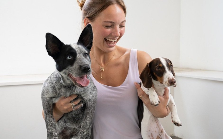 Woman holding two puppies