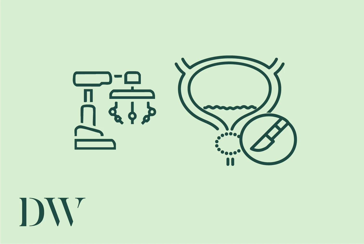 Line drawing of a microscope, a bladder with a catheter, and a pill with a tablet.