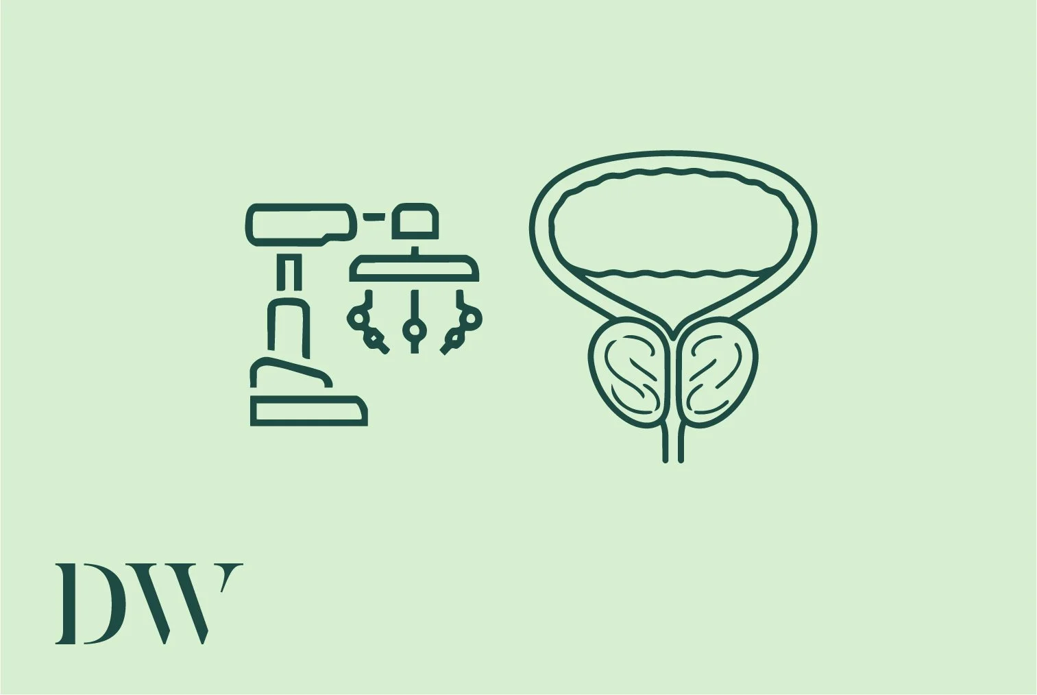 Line drawing of a microscope on the left and the human male reproductive system on the right, against a light green background.