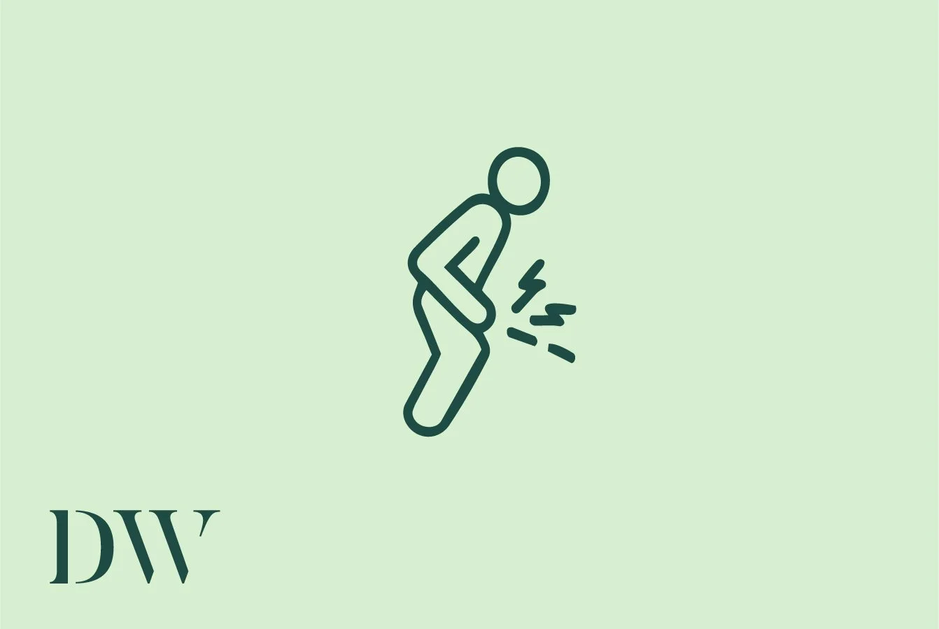 A simple line drawing of a person clutching their stomach with lightning bolts indicating pain, accompanied by the text 'DYS'.