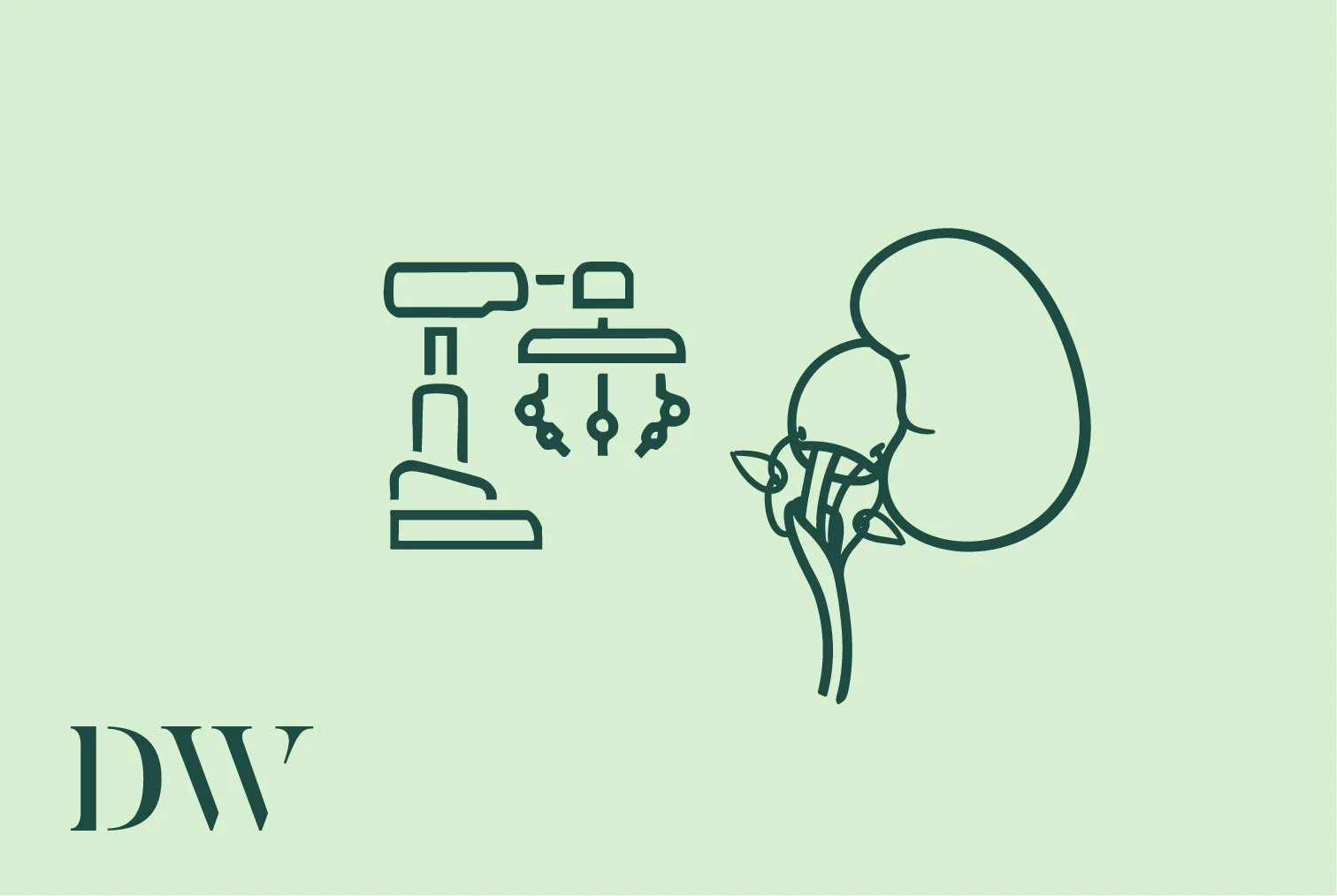 Line art illustration of a microscope, a plant with large leaves, and DNA symbols on a light green background.