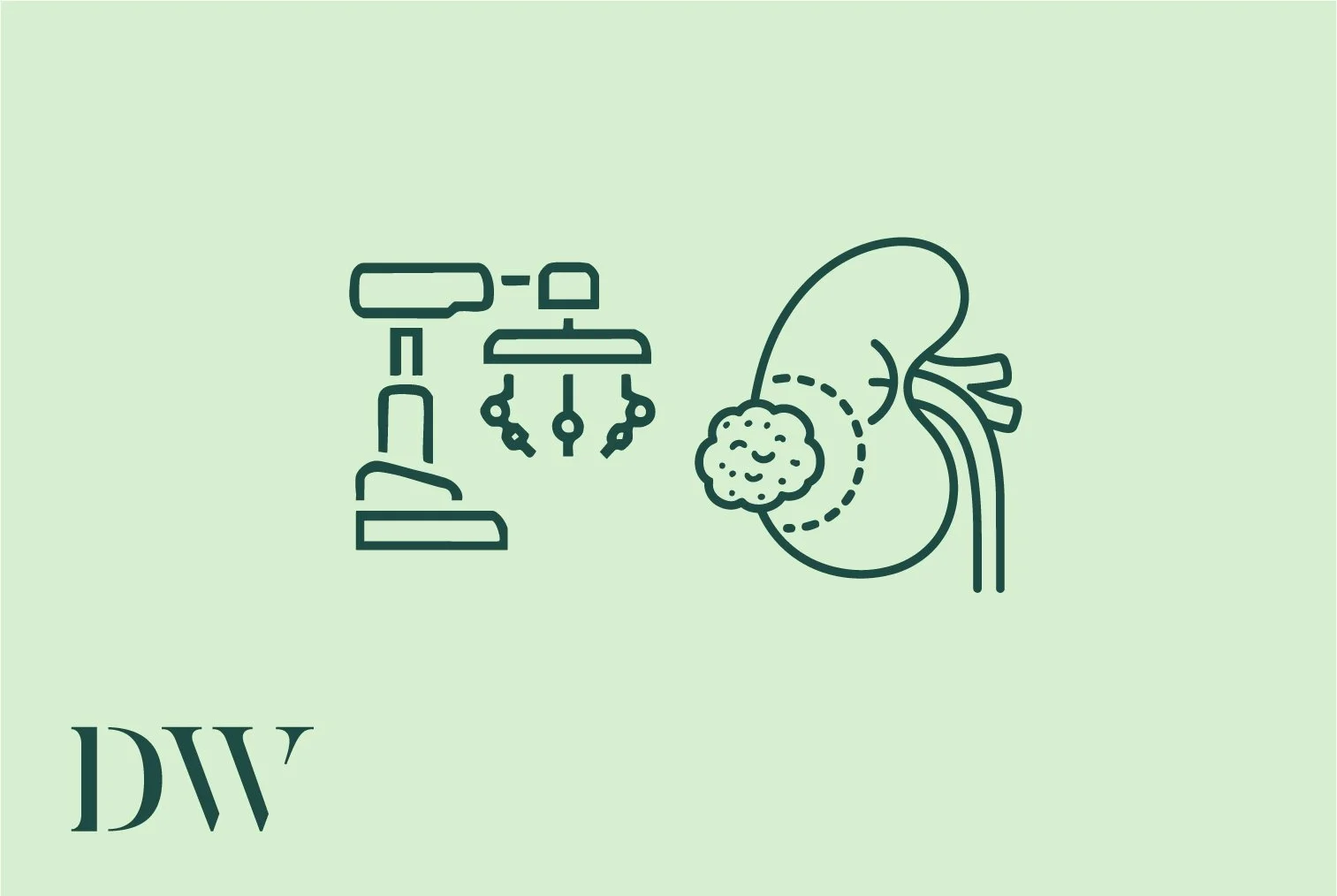 Line drawing of a microscope, a set of surgical tools, and a kidney with a diagram of a surgical procedure. The letters DW are in the bottom left corner.