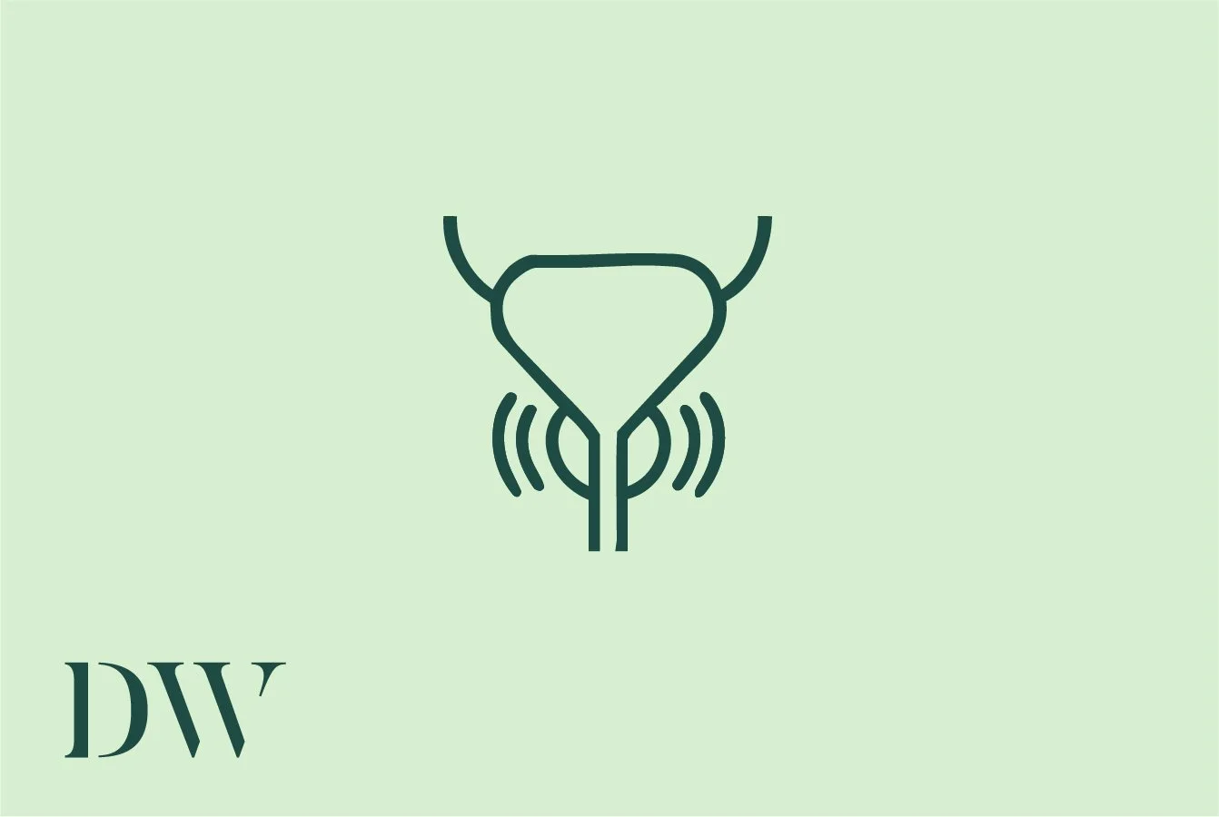 Illustration of a stethoscope with sound waves radiating from it, depicting medical or healthcare theme, on a light green background with the abbreviation 'DW' in the bottom left corner.