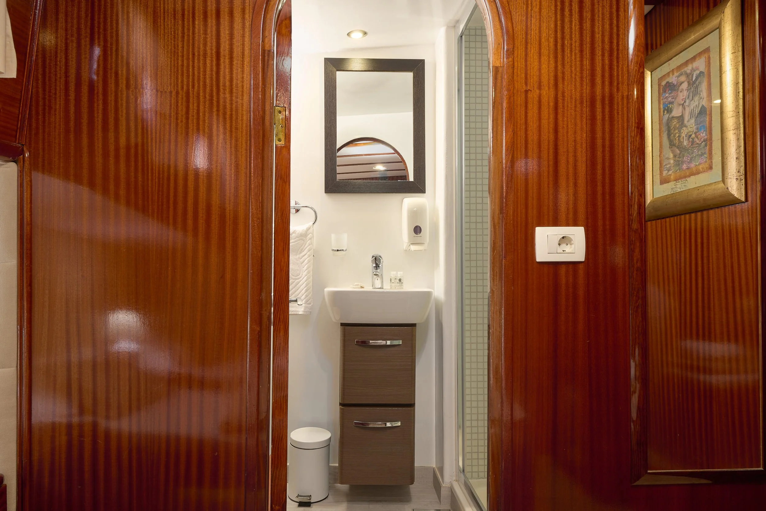 View of a small bathroom seen through an open wooden door, containing a white sink with a brown cabinet below, a mirror above, a soap dispenser, a small trash can, and a shower enclosure with a glass door on the right side.