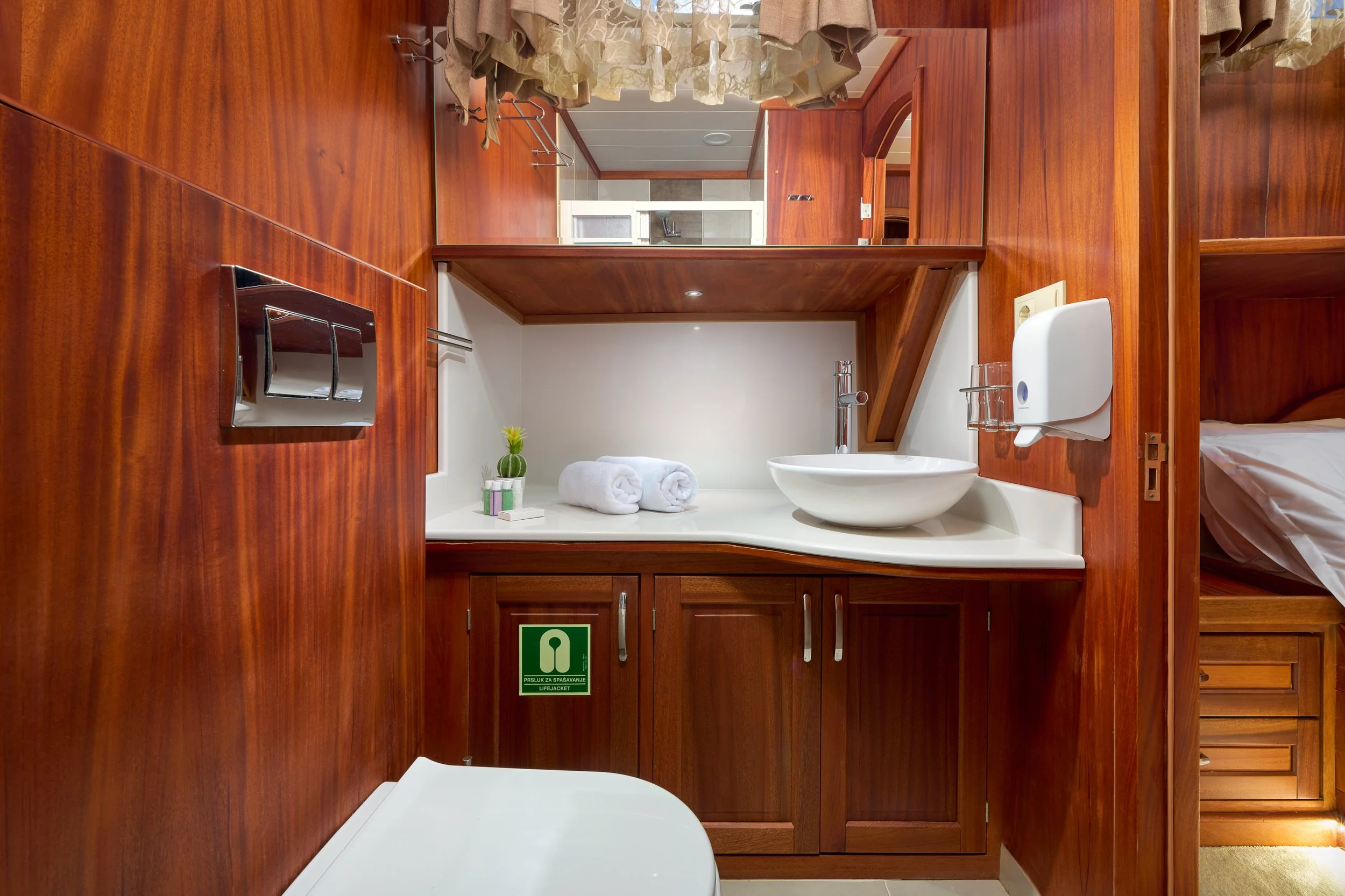 Wood-paneled hotel bathroom with sink, mirror, towels, and small decorative cactus plant.