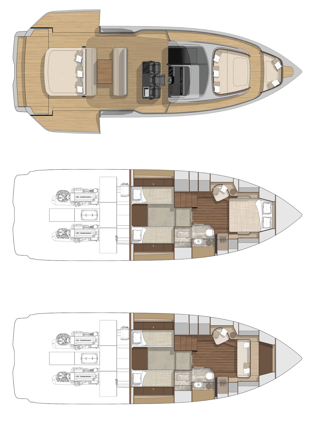 Top view of a yacht interior layout with main deck, lower deck, and lower deck beds and amenities.