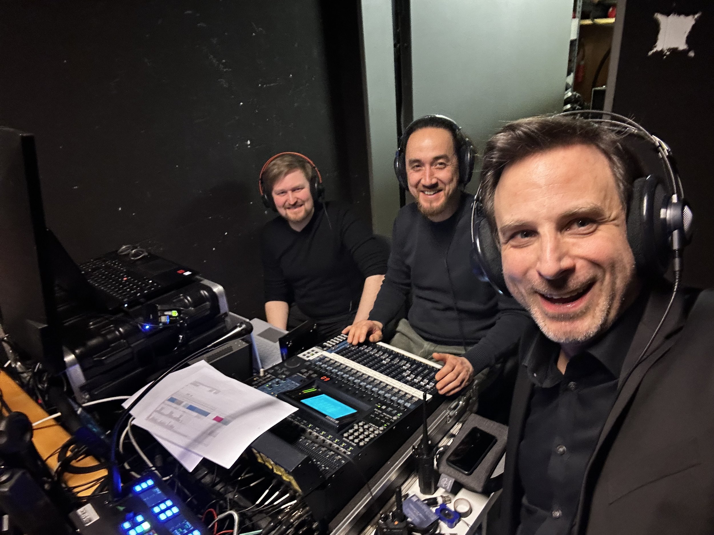 Small control room in a staircase at Konzerthaus Dortmund, with engineers Daniel Przemus and David Schwager, moments before we go live on DG STAGE+ and ARTE Concert