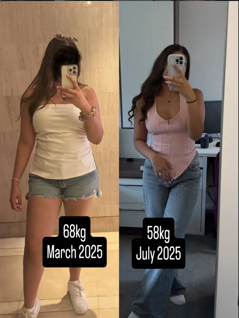 Side-by-side mirror selfies of a woman showing weight loss progress from 68kg in March 2025 to 58kg in July 2025.