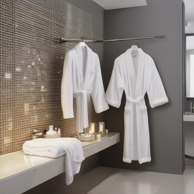 Two white bathrobes hanging on a shower rod inside a modern bathroom with textured tiles and candles on a small shelf.