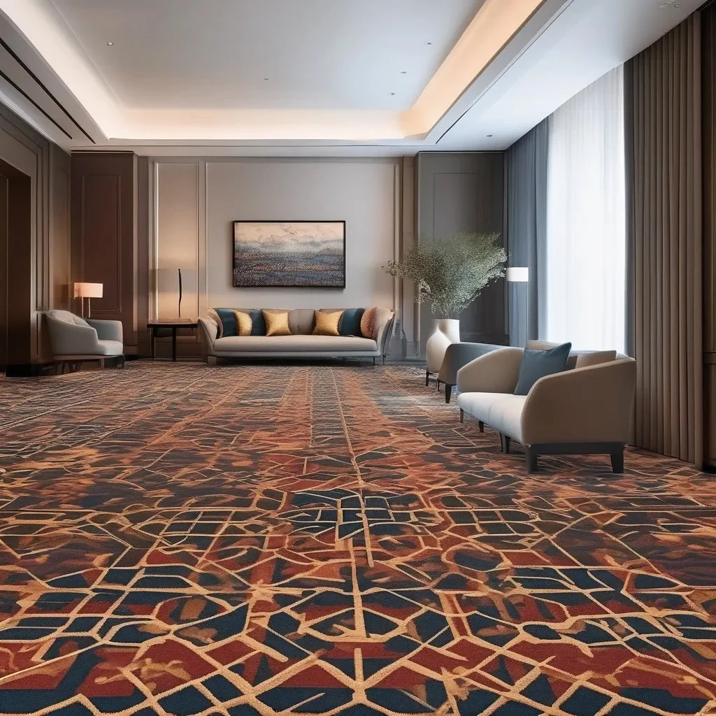 A spacious, modern hotel lobby with a patterned carpet, white armchairs, a sofa with pillows, a large vase with greenery, and summery curtains by the windows.