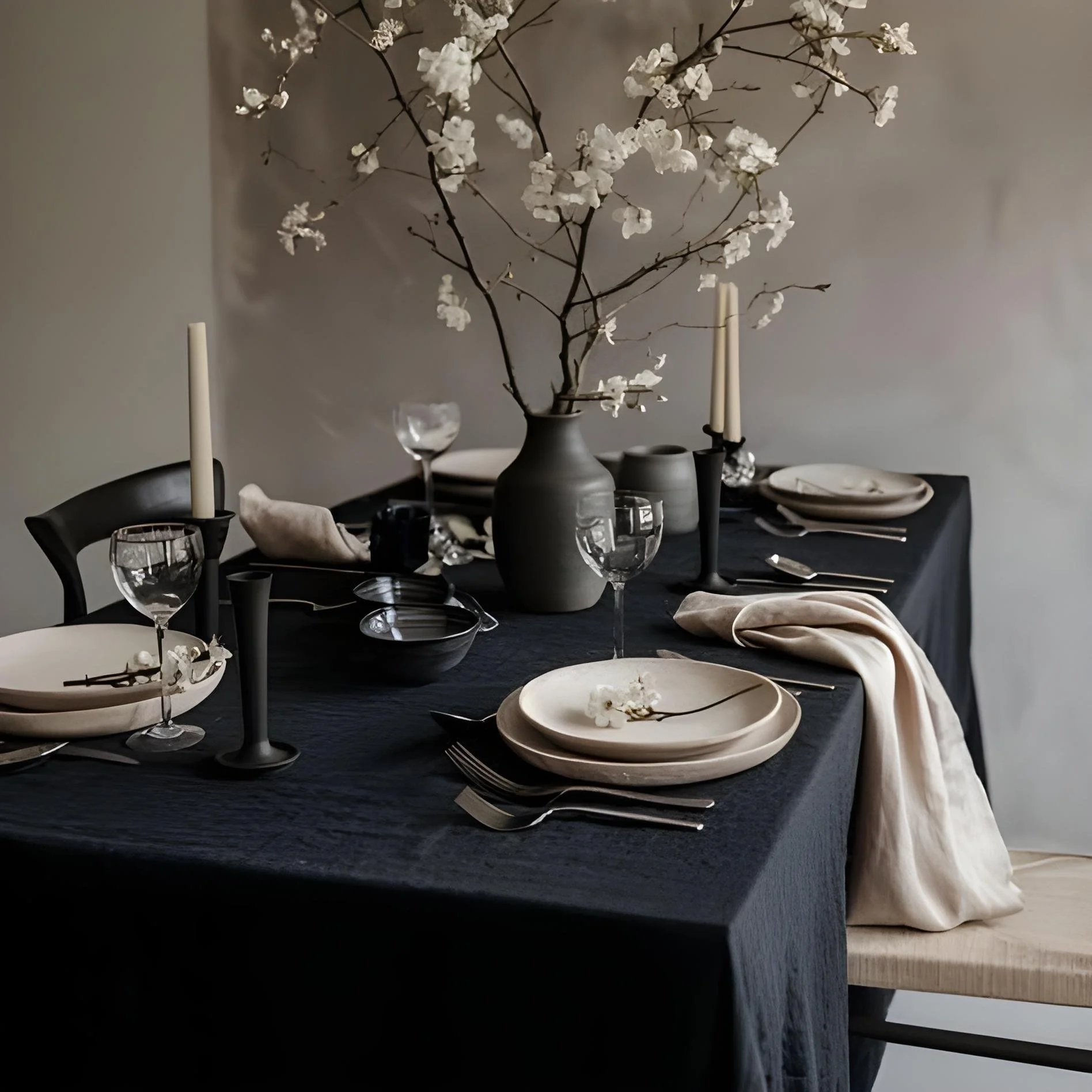 Elegant dining table set with beige plates, wine glasses, black candles, and a large gray vase with white flowers, all on a black tablecloth.