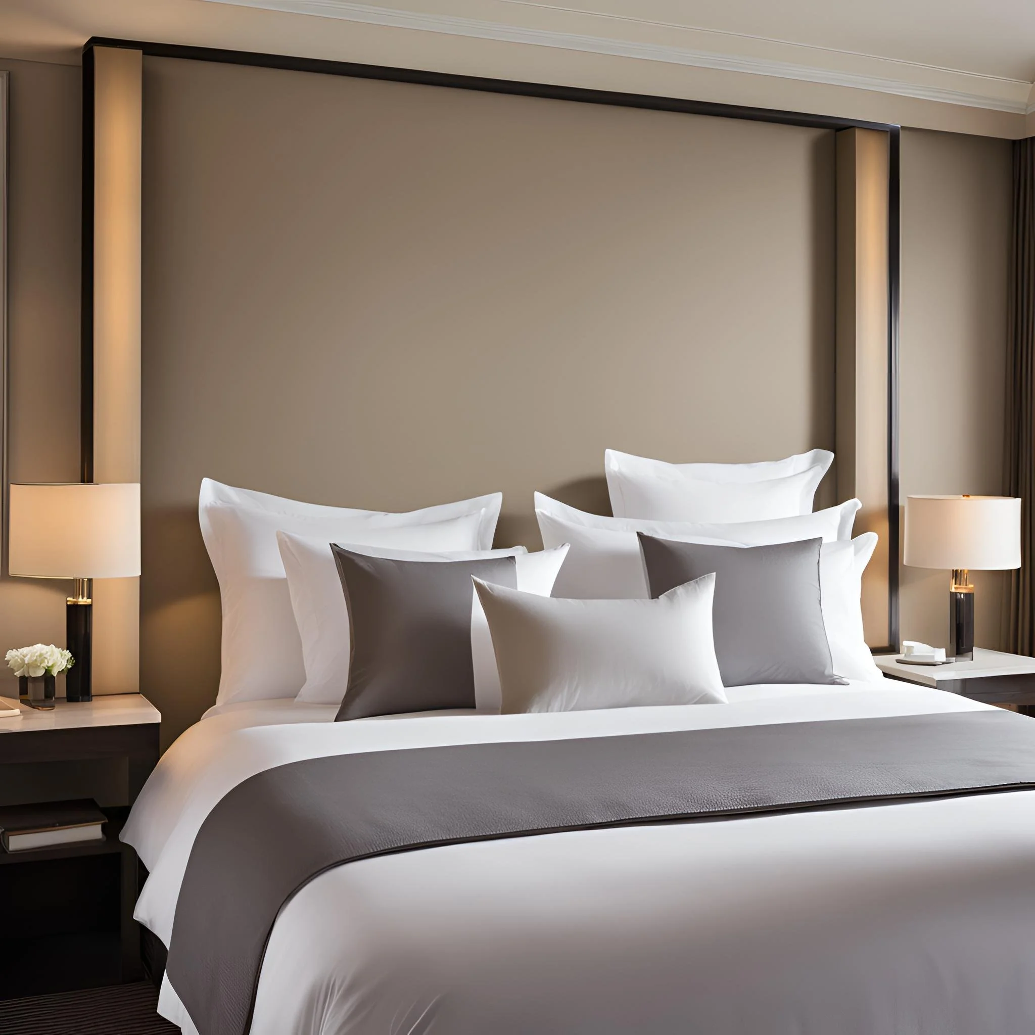 A neatly made hotel bed with white and gray pillows, a gray bed runner, and modern bedside lamps on dark bedside tables, in a contemporary hotel room.