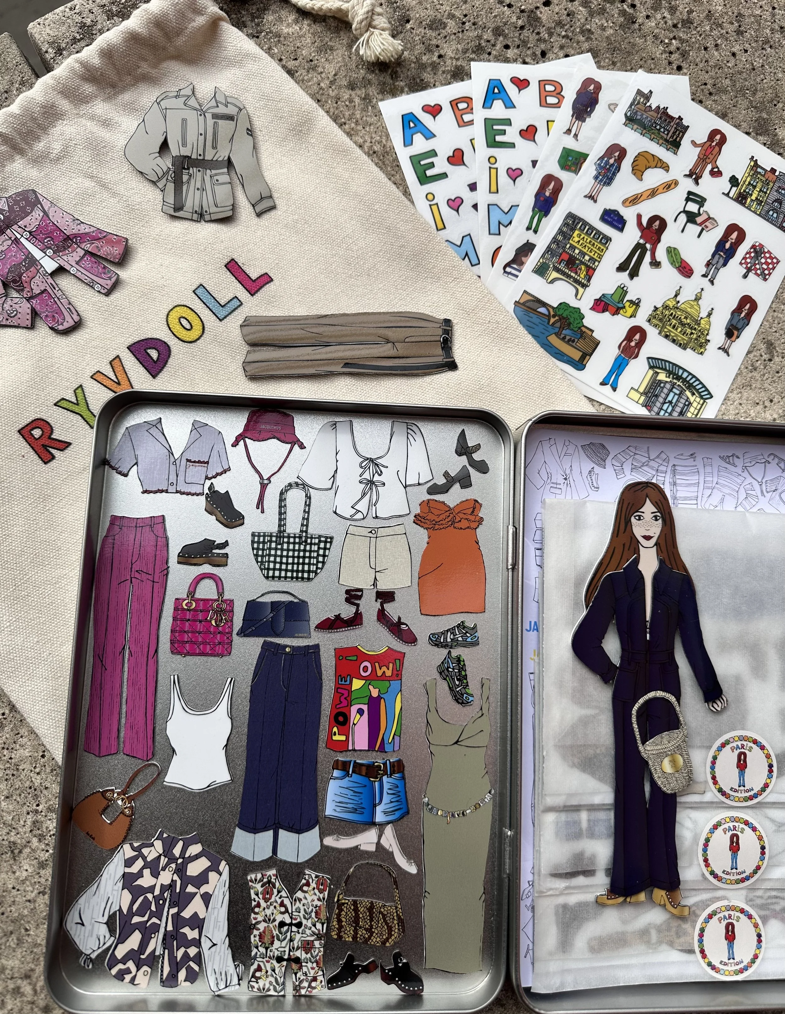 Fashion doll accessories and clothing options, including paper dolls, stickers, and cutouts for outfit customization.