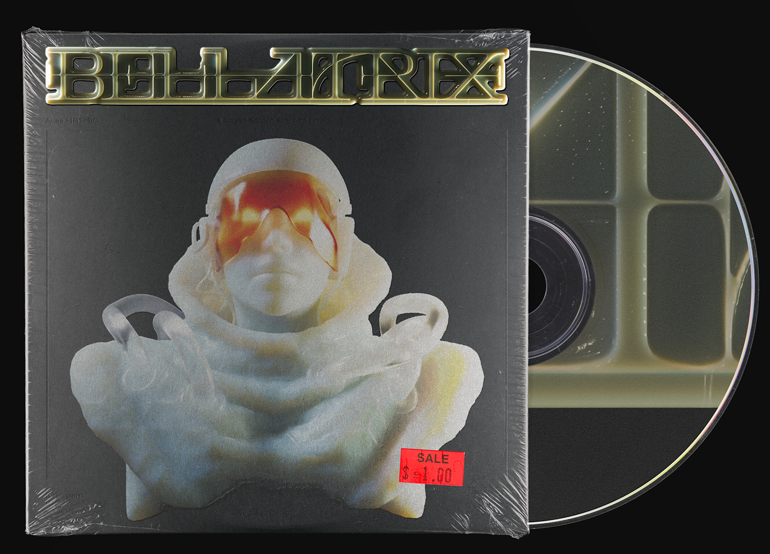 Futuristic album cover with a holographic figure and a CD, featuring the text 'BELLATRIX' and a red sale sticker.