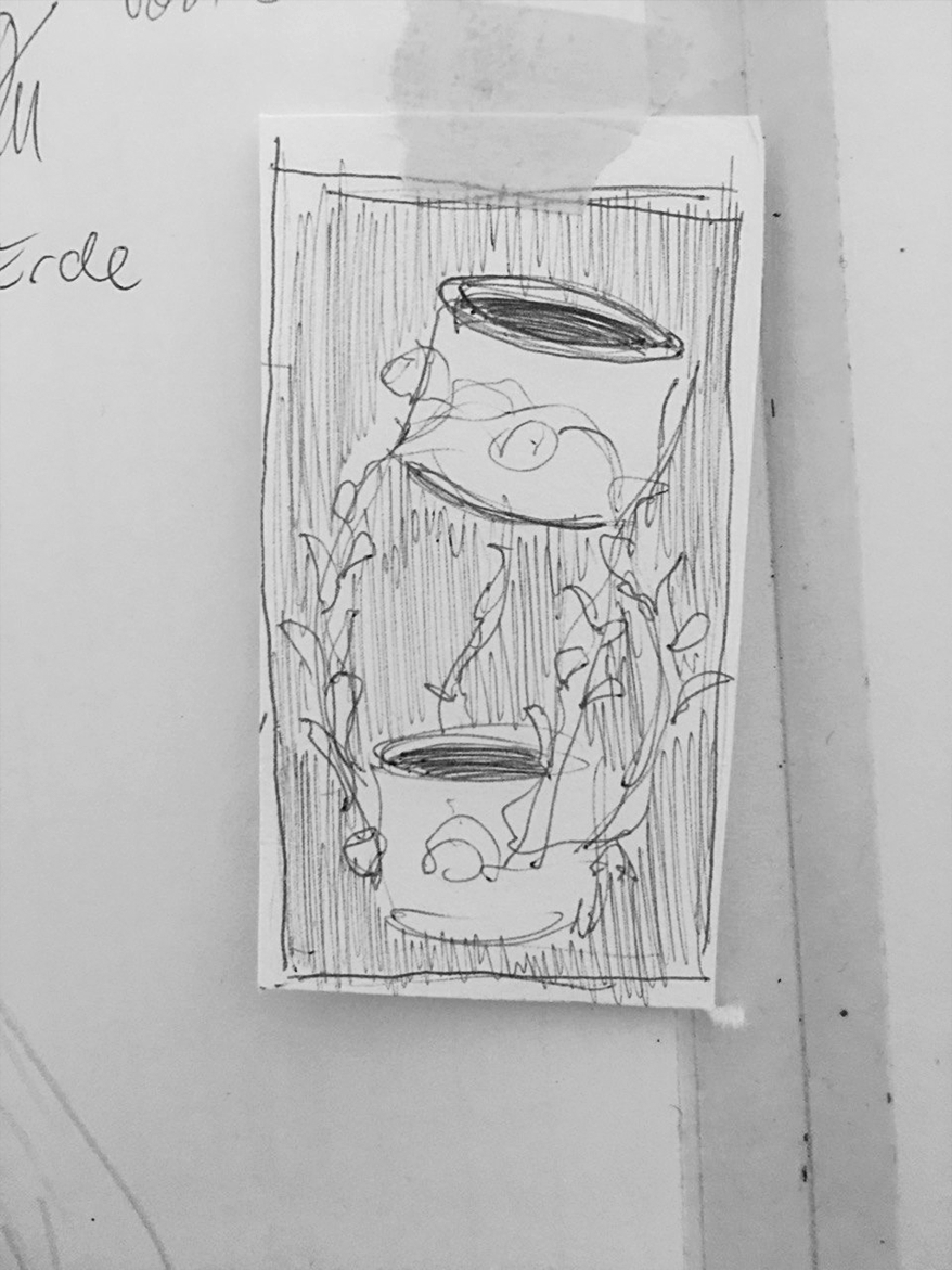 Sketch of two potted plants with vines on paper